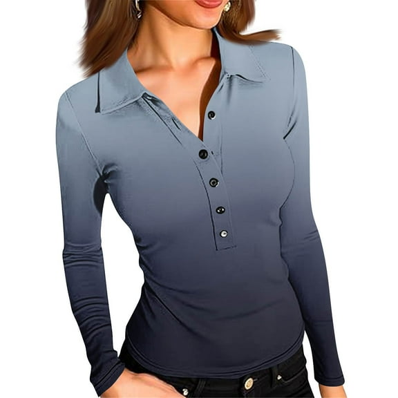 STICHOU Women's Polo Shirts Slim Fitted Gradient Graphic Deep V Neck Tops Long Sleeve Button Down Outwork Collared T Shirts Comfy Blouses Navy S
