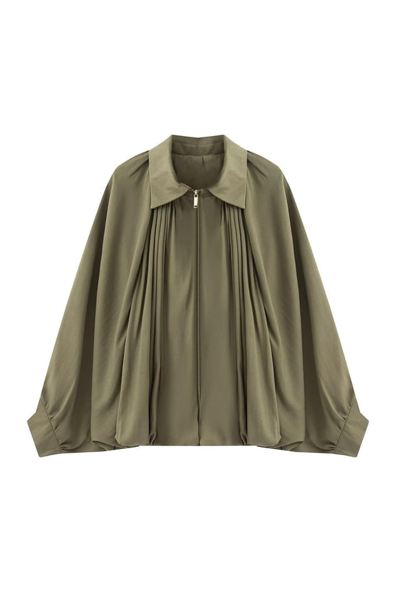 Women's Puffed Jackets Oversized Casual Batwing Sleeve Lapel Collar Streetwear Winter Fashion Zip Up Pleated Shirts Army Green XS