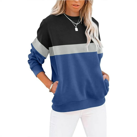 STICHOU Women's Pullover Sweatshirts Color Block Casual Long Sleeve Loose Fit Shirts Winter Fashion Crewneck Tops with Pockets Navy M