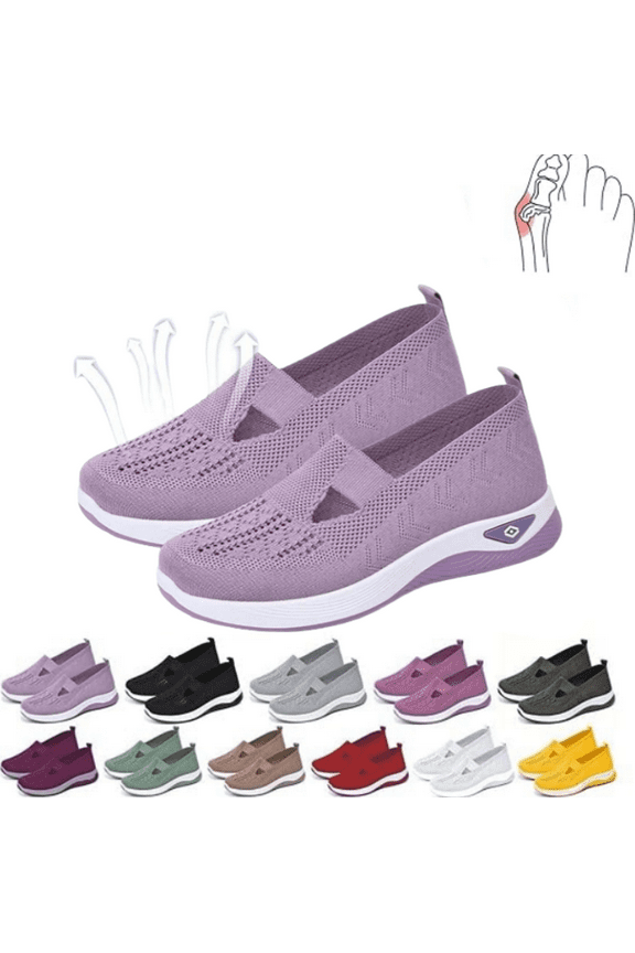 Women's Woven Orthopedic Breathable Soft Shoes Arch Support, Slip-On Lightweight Flat Soft Shoes Diabetic Foam Walking Shoes Light Purple