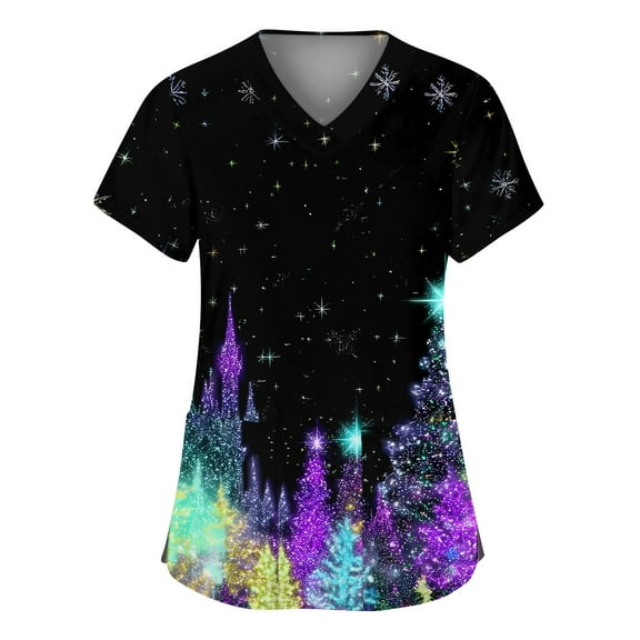 Stichou Womens Christmas Scrub Tops Plus Size Funny Christmas Tree Print V Neck Holiday Short Sleeve Medical Uniform with Pockets Black S