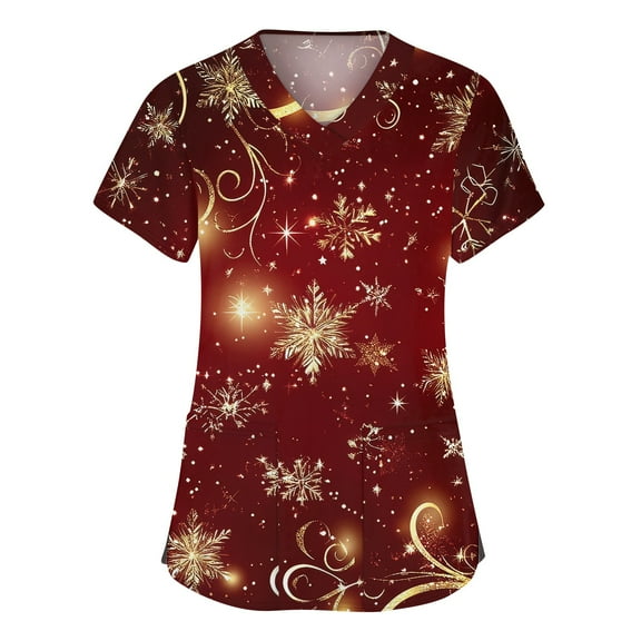 Stichou Womens Christmas Scrub Tops Plus Size Snowflake Print Short Sleeve Medical Uniforms Funny V Neck Trendy Stretchy Scrub with Pockets Gold M