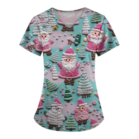 Stichou Womens Christmas Scrubs Tops Plus Size Santa Print Short Sleeve Nurse Working Uniforms Happy V Neck Comfy Stretchy Scrub with Pockets Blue 5XL