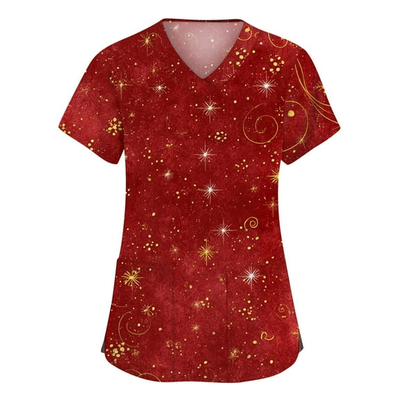 Stichou Womens Christmas Scrubs Tops Plus Size Snowflake Print Short Sleeve Medical Uniform Holiday V-Neck Comfy Stretchy Scrub with Pockets Red 4XL