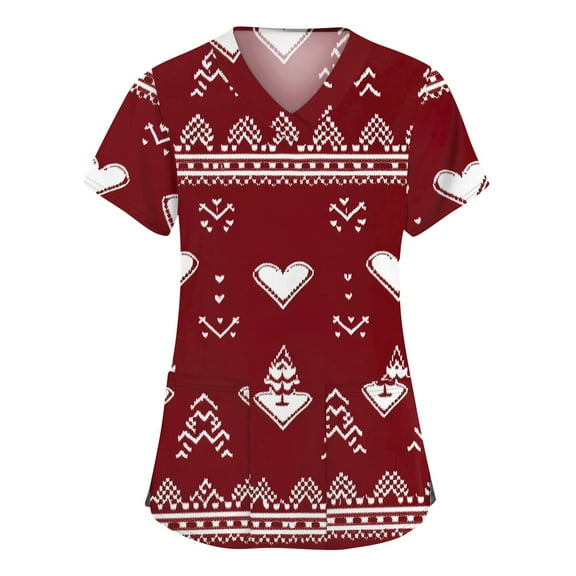 Stichou Womens Christmas Scrubs Tops Plus Size Snowflake Print Short Sleeve Nursing Uniforms Funny V-Neck Comfy Stretchy Scrub with Pockets Wine S