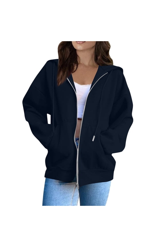 Womens Navy Zip Up Hoodie Oversized Casual Fleece Lined Shirts Winter Fashion Jackets Comfort Thick Warm Coat Winter Clothes Navy 3XL