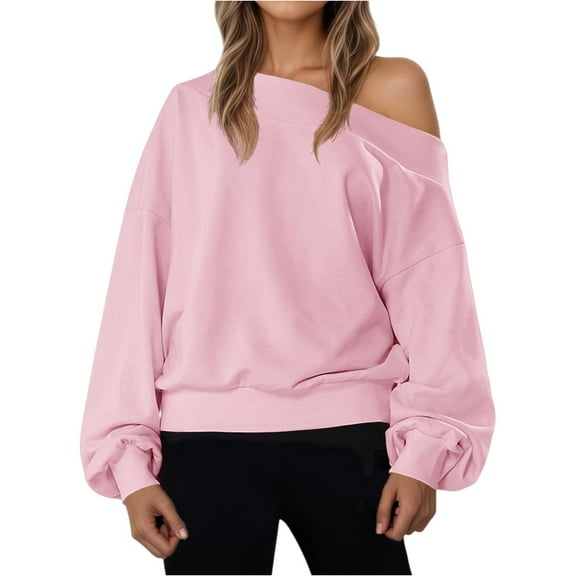 STICHOU Womens Off the Shoulder Sweatshirt Oversized Casual Long Sleeve Pullover Shirts Comfort Winter Trendy Sweatshirts Pink 2XL