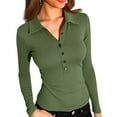 thumbnail image 1 of STICHOU Womens Polo Shirts Long Sleeve Slim Fitted Solid Color Deep V Neck Tops Button Down Outwork Collared T Shirts Trendy Winter Clothes Army Green S, 1 of 6