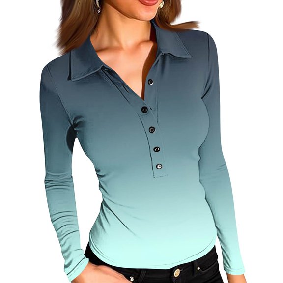 STICHOU Womens Polo Shirts Slim Fitted Gradient Graphic Deep V Neck Tops Long Sleeve Button Down Work Collared Tee Trendy Blouses Light Blue M
