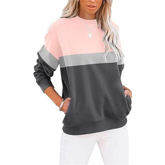 STICHOU Womens Sweatshirts Color Block Casual Long Sleeve Lightweight Shirts Winter Fashion Crewneck Pullover Tops with Pockets Pink M