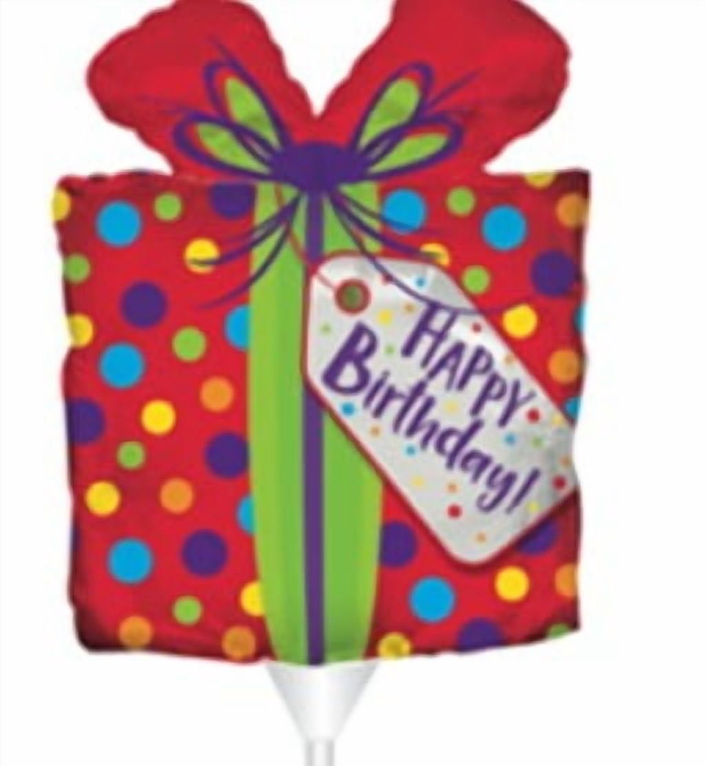 STICK BALLOON HBD RED PRESENT DOTS