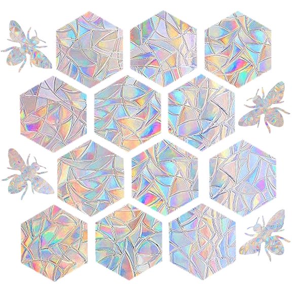 STICKERGURU 16 Pieces Hexagons and Bee Window Clings - Anti-Collision Window Decals to Save Birds from Window Collisions,Non Adhesive Prismatic Vinyl Window Clings, Rainbow Stickers, Bright,rainbow