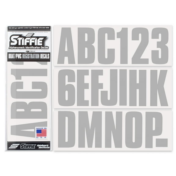 STIFFIE Alpha-Numeric Automotive Decal, Metallic Silver, 3", for Boats and Watercraft PWC