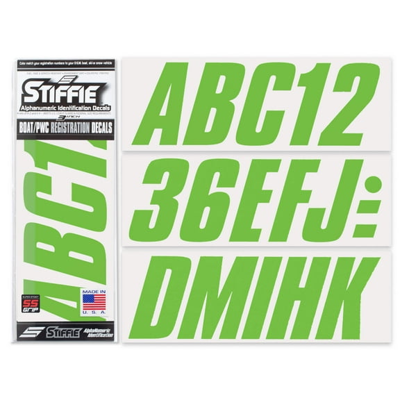 STIFFIE Shift Team Green Super Sticky 3" Alpha Numeric Registration Identification Numbers Stickers Decals for Sea-Doo Spark, Inflatable Boats, Ribs, Hypalon/PVC, PWC and Boats.