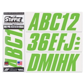 STIFFIE Shift Team Green Super Sticky 3" Alpha Numeric Registration Identification Numbers Stickers Decals for Sea-Doo Spark, Inflatable Boats, Ribs, Hypalon/PVC, PWC and Boats.
