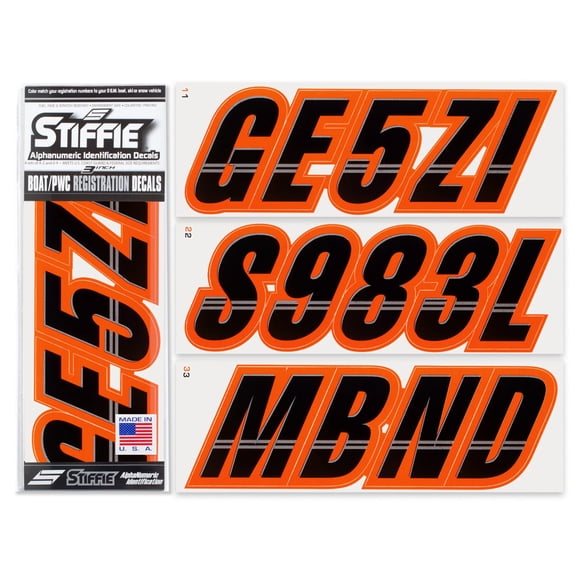 STIFFIE Techtron Black/Orange 3" Alpha-Numeric Identification Custom Kit Registration Numbers & Letters Marine Stickers Decals for Boats & Personal Watercraft PWC