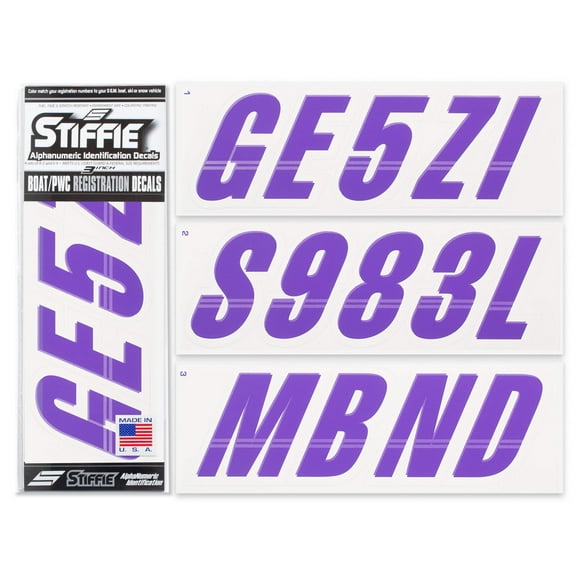 STIFFIE Techtron Purple/White 3" Alpha-Numeric Identification Custom Kit Registration Numbers & Letters Marine Stickers Decals for Boats & Personal Watercraft PWC