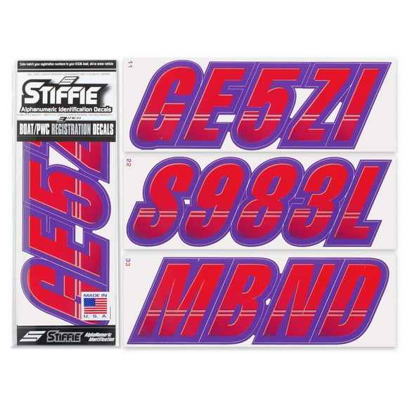 STIFFIE Techtron Red/Purple 3" Alpha-Numeric Identification Custom Kit Registration Numbers & Letters Marine Stickers Decals for Boats & Personal Watercraft PWC