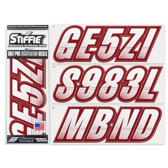 STIFFIE Techtron White/Burgundy 3" Alpha-Numeric Identification Custom Kit Registration Numbers Letters Marine Stickers Decals for Boats Personal Watercraft PWC