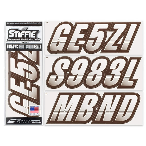 STIFFIE Techtron White/Espresso Brown 3" Alpha-Numeric Identification Custom Kit Registration Numbers & Letters Marine Stickers Decals for Boats & Personal Watercraft PWC