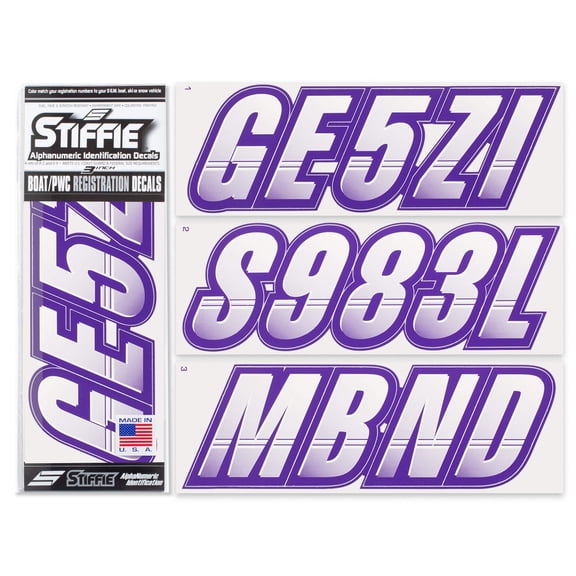 STIFFIE Techtron White/Purple 3" Alpha-Numeric Identification Custom Kit Registration Numbers & Letters Marine Stickers Decals for Boats & Personal Watercraft PWC