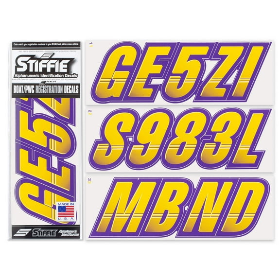 STIFFIE Techtron Yellow/Purple 3" Alpha-Numeric Identification Custom Kit Registration Numbers & Letters Marine Stickers Decals for Boats & Personal Watercraft PWC