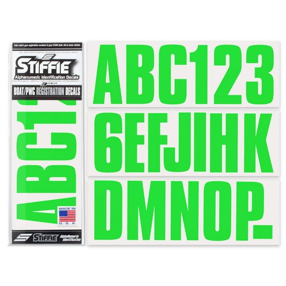 STIFFIE Uniline Electric Green 3" Alpha-Numeric Identification Custom Kit Registration Numbers & Letters Marine Stickers Decals for Boats & Personal Watercraft PWC