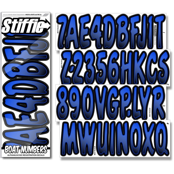 STIFFIE Waveline Blue/Black 3 Boat  PWC Registration Decals  Numbers Letters Stickers