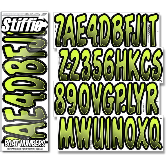 STIFFIE Waveline DayGlow Yellow/Black 3 Boat  PWC Registration Decals  Numbers Letters Stickers