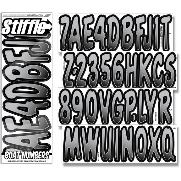 STIFFIE Waveline Metallic Silver/Black 3 Boat PWC Registration Decals Numbers Letters Stickers