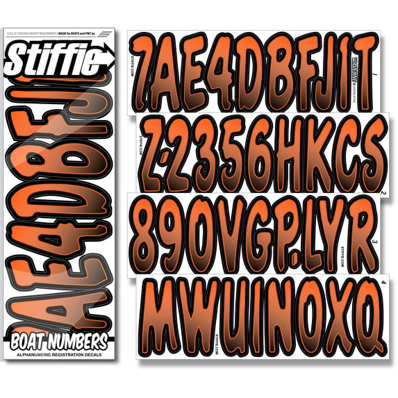 STIFFIE Waveline Orange/Black 3” Boat PWC Registration Decals • Numbers Letters Stickers