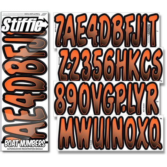 STIFFIE Waveline Orange/Black 3 Boat PWC Registration Decals Numbers Letters Stickers