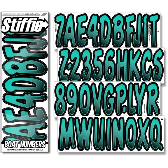 STIFFIE Waveline Sea Teal/Black 3 Boat PWC Registration Decals Numbers Letters Stickers