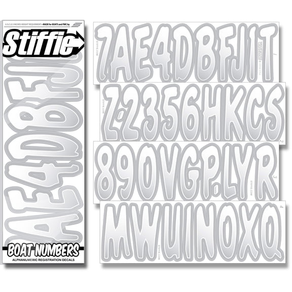 STIFFIE Waveline White/Metallic Silver 3 Boat  PWC Registration Decals  Numbers Letters Stickers