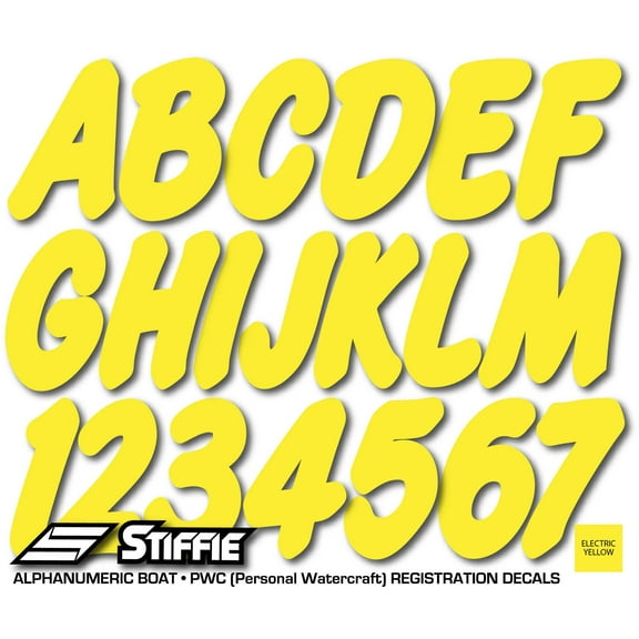 STIFFIE Whip-One Electric Yellow 3" Alpha-Numeric Registration Identification Numbers Stickers Decals for Boats & Personal Watercraft