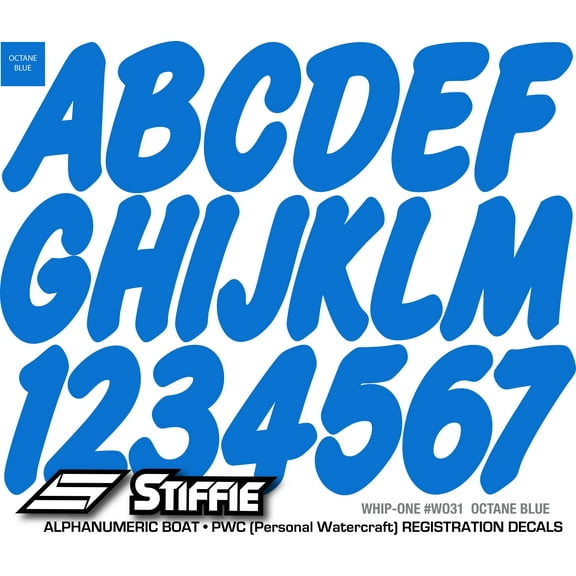 STIFFIE Whip-One Octane Blue 3" Alpha-Numeric Registration Identification Numbers Stickers Decals for Boats & Personal Watercraft