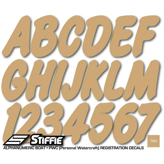 STIFFIE Whip-One Tan 3" Alpha-Numeric Registration Identification Numbers Stickers Decals for Boats & Personal Watercraft