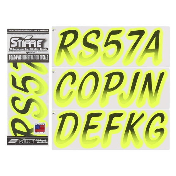 STIFFIE Whipline Black / Day Glow Yellow 3" Alpha-Numeric Identification Custom Kit Registration Numbers & Letters Marine Stickers Decals for Boats & Personal Watercraft PWC