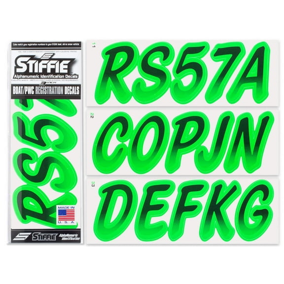 STIFFIE Whipline Black / Electric Green 3" Alpha-Numeric Identification Custom Kit Registration Numbers & Letters Marine Stickers Decals for Boats & Personal Watercraft PWC