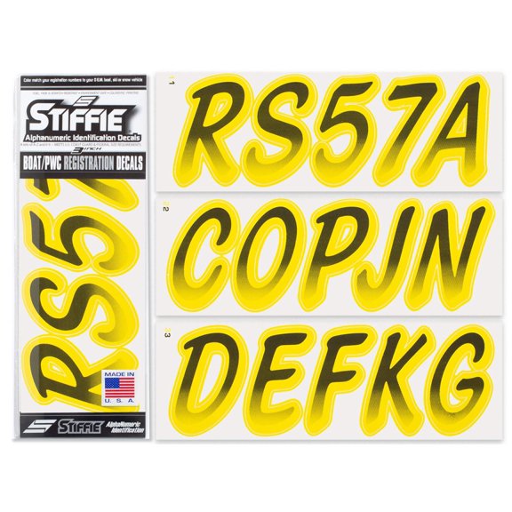 STIFFIE Whipline Black / Electric Yellow 3" Alpha-Numeric Identification Custom Kit Registration Numbers & Letters Marine Stickers Decals for Boats & Personal Watercraft PWC