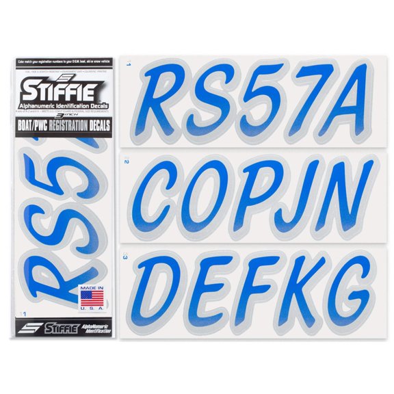 STIFFIE Whipline Blue / Metallic Silver 3" Alpha-Numeric Identification Custom Kit Registration Numbers & Letters Marine Stickers Decals for Boats & Personal Watercraft PWC