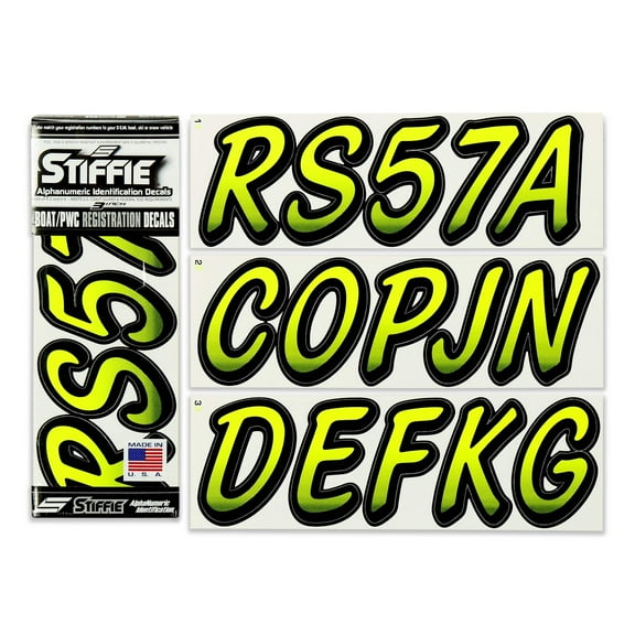 STIFFIE Whipline Day Glow Yellow / Black 3" Alpha-Numeric Identification Custom Kit Registration Numbers & Letters Marine Stickers Decals for Boats & Personal Watercraft PWC