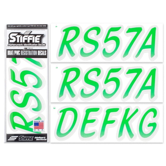STIFFIE Whipline Electric Green / Metallic Silver 3" Alpha-Numeric Identification Custom Kit Registration Numbers & Letters Marine Stickers Decals for Boats & Personal Watercraft PWC
