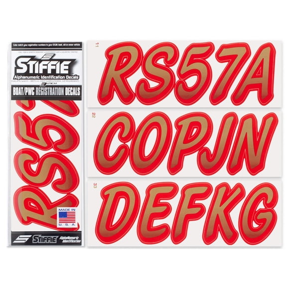 STIFFIE Whipline Metallic Gold / Red 3" Alpha-Numeric Identification Custom Kit Registration Numbers & Letters Marine Stickers Decals for Boats & Personal Watercraft PWC