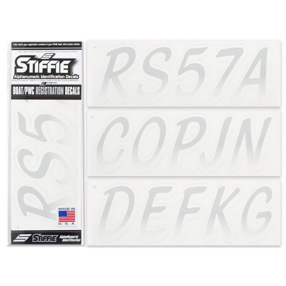 STIFFIE Whipline Metallic Silver / White 3" Alpha-Numeric Identification Custom Kit Registration Numbers & Letters Marine Stickers Decals for Boats & Personal Watercraft PWC