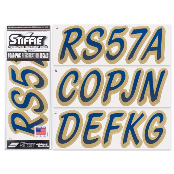 STIFFIE Whipline Navy / Metallic Gold 3" Alpha-Numeric Identification Custom Kit Registration Numbers & Letters Marine Stickers Decals for Boats & Personal Watercraft PWC