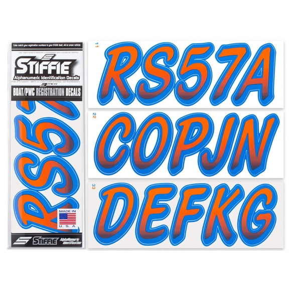 STIFFIE Whipline Orange / Blue 3" Alpha-Numeric Identification Custom Kit Registration Numbers & Letters Marine Stickers Decals for Boats & Personal Watercraft PWC