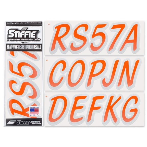STIFFIE Whipline Orange / Metallic Silver 3" Alpha-Numeric Identification Custom Kit Registration Numbers & Letters Marine Stickers Decals for Boats & Personal Watercraft PWC