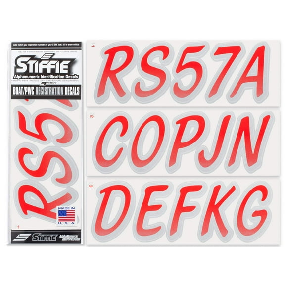 STIFFIE Whipline Red / Metallic Silver 3" Alpha-Numeric Identification Custom Kit Registration Numbers & Letters Marine Stickers Decals for Boats & Personal Watercraft PWC
