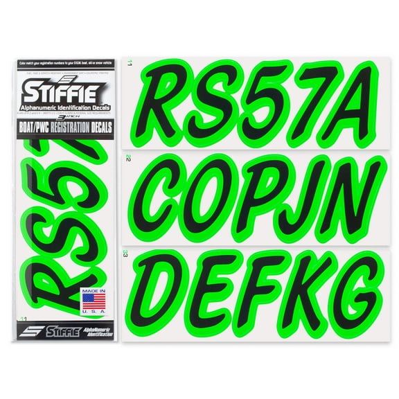 STIFFIE Whipline Solid Black/Electric Green 3" Alpha-Numeric Registration Identification Numbers Stickers Decals for Boats & Personal Watercraft